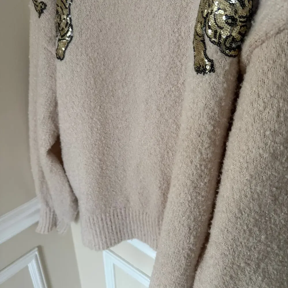 Peach Love Oatmeal Sequin Tiger Matted Sweater Pullover Preppy Bubble Sleeve - Picture 8 of 13
